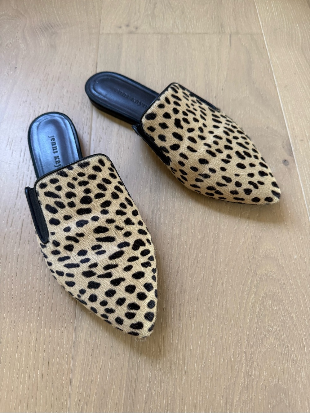 Jenni Kayne Cheetah Print Pointed Toe Slide Mule in Tan and Black